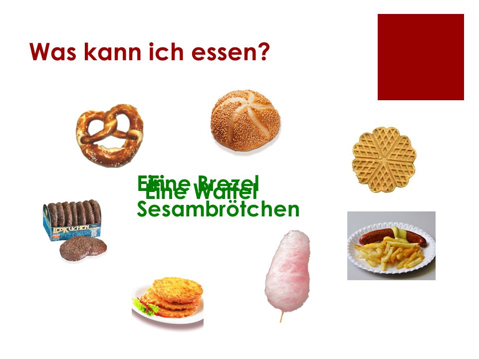Was kann ich essen Ein Sesambrötchen Eine Brezel Eine Waffel