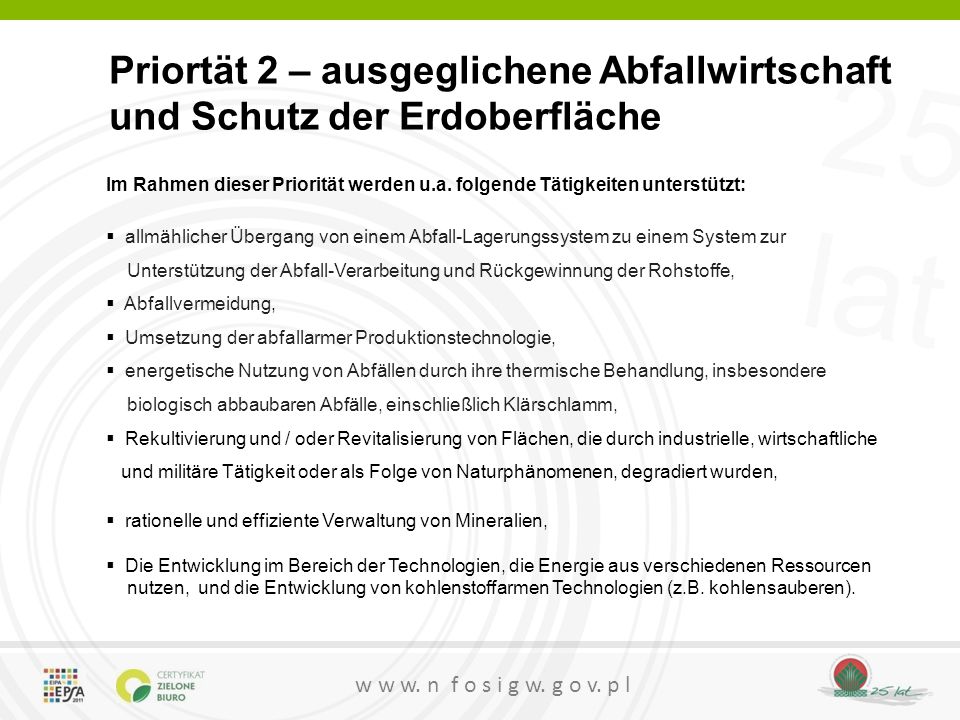 Priortät 2 – ausgeglichene Abfallwirtschaft und Schutz der Erdoberfläche