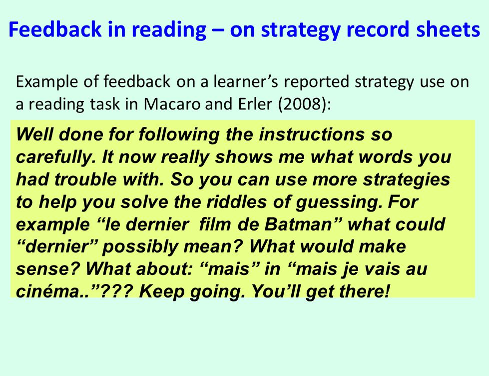 Feedback in reading – on strategy record sheets