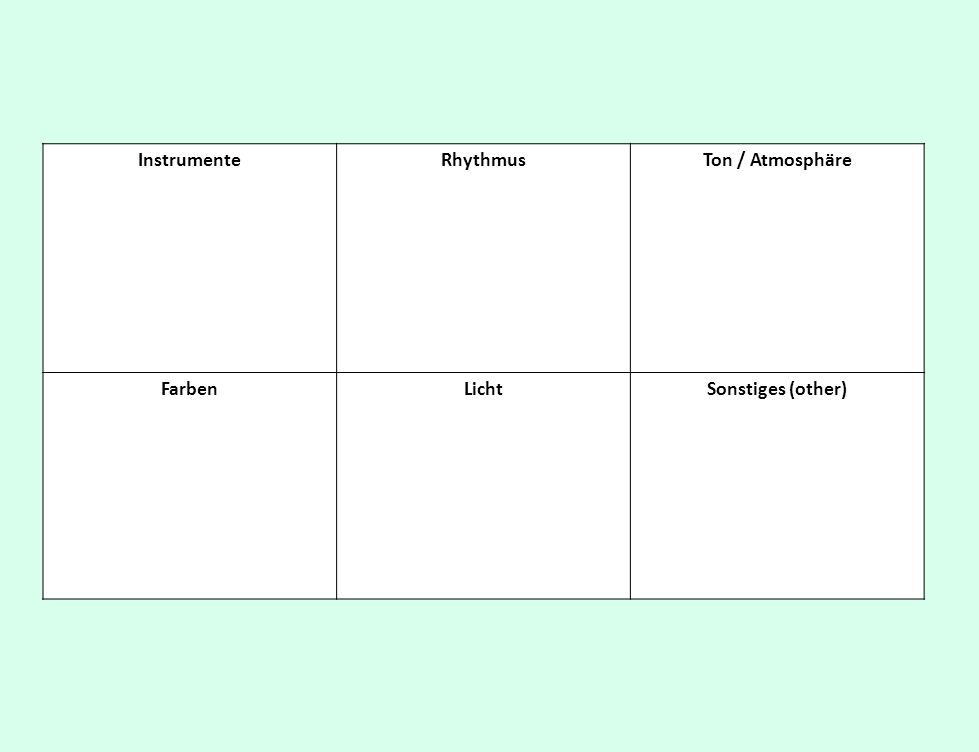 Instrumente Rhythmus Ton / Atmosphäre Farben Licht Sonstiges (other)