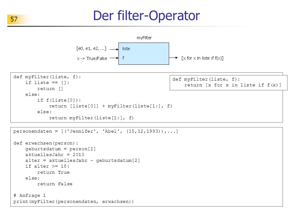 Der filter-Operator def myFilter(liste, f): if liste == []: