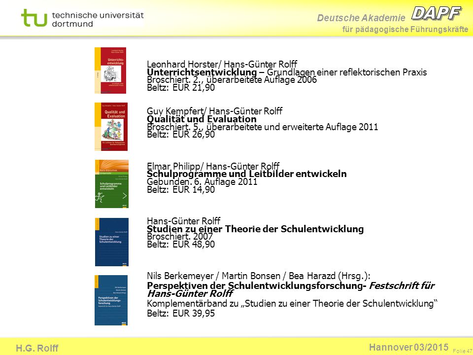 Leonhard Horster/ Hans-Günter Rolff Unterrichtsentwicklung – Grundlagen einer reflektorischen Praxis Broschiert. 2., überarbeitete Auflage 2006 Beltz: EUR 21,90