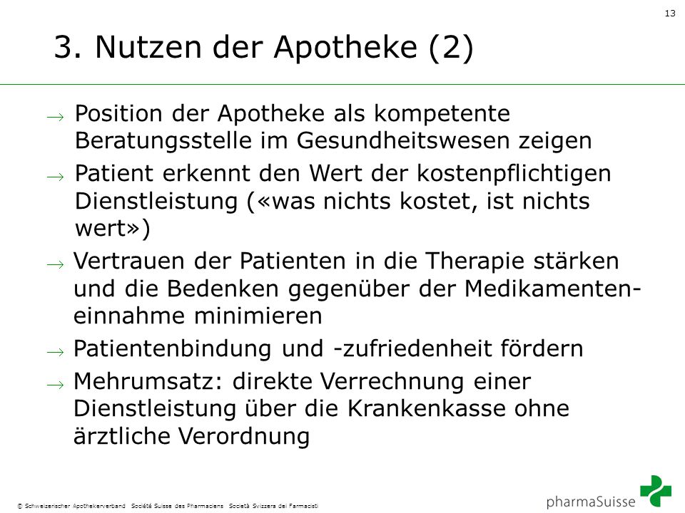 3. Nutzen der Apotheke (2) Position der Apotheke als kompetente Beratungsstelle im Gesundheitswesen zeigen.