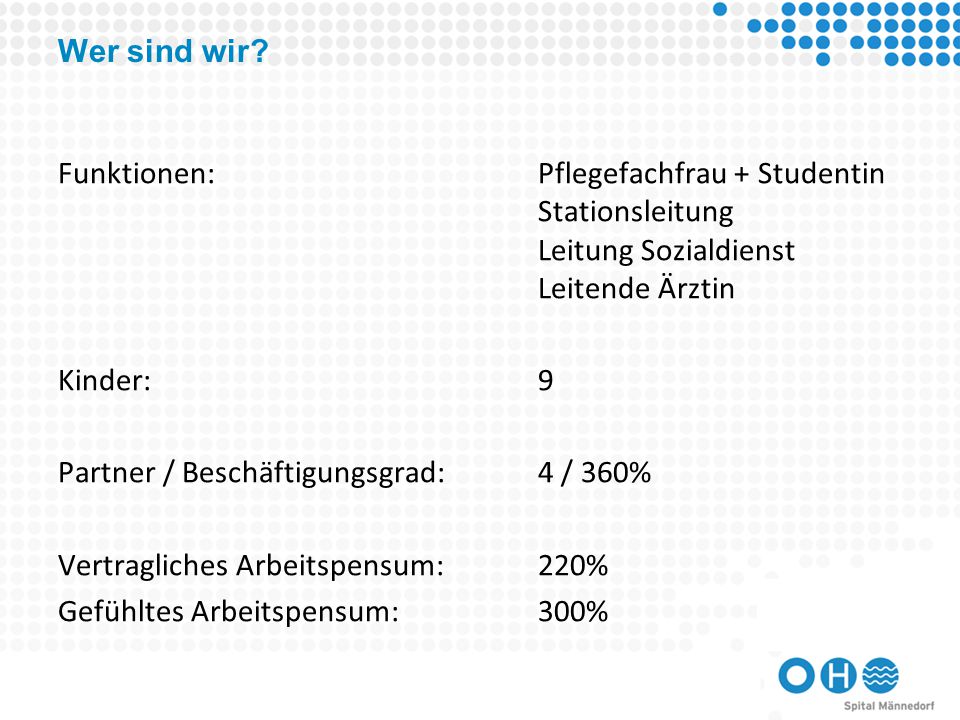 Wer sind wir Funktionen: Pflegefachfrau + Studentin Stationsleitung Leitung Sozialdienst Leitende Ärztin.
