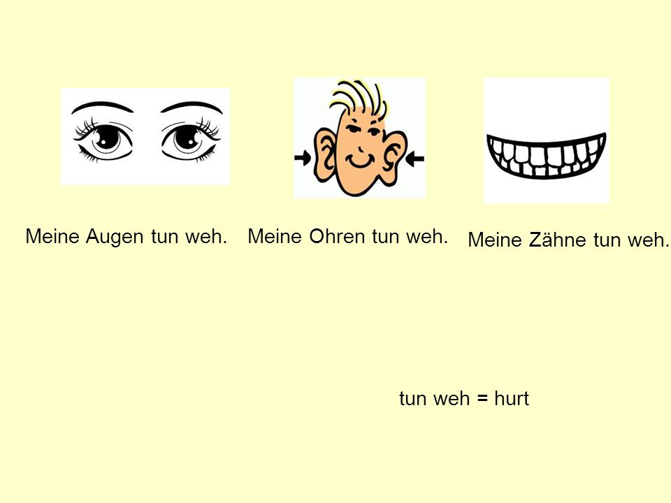 Meine Augen tun weh. Meine Ohren tun weh. Meine Zähne tun weh. tun weh = hurt