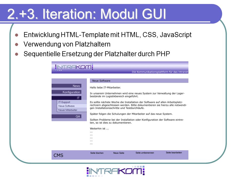 2.+3. Iteration: Modul GUI Entwicklung HTML-Template mit HTML, CSS, JavaScript. Verwendung von Platzhaltern.