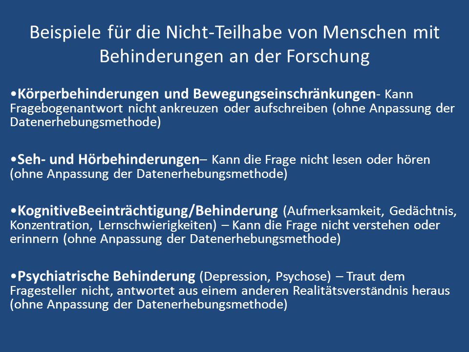 Beispiele für die Nicht-Teilhabe von Menschen mit Behinderungen an der Forschung