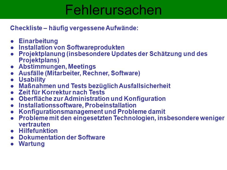 Fehlerursachen Checkliste – häufig vergessene Aufwände: Einarbeitung
