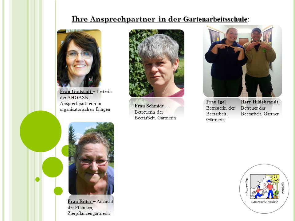 Ihre Ansprechpartner in der Gartenarbeitsschule: