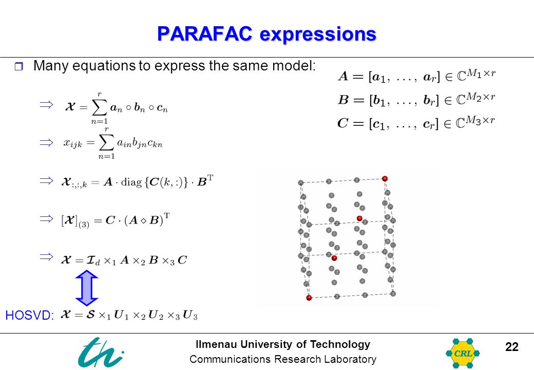 PARAFAC expressions Many equations to express the same model: HOSVD: