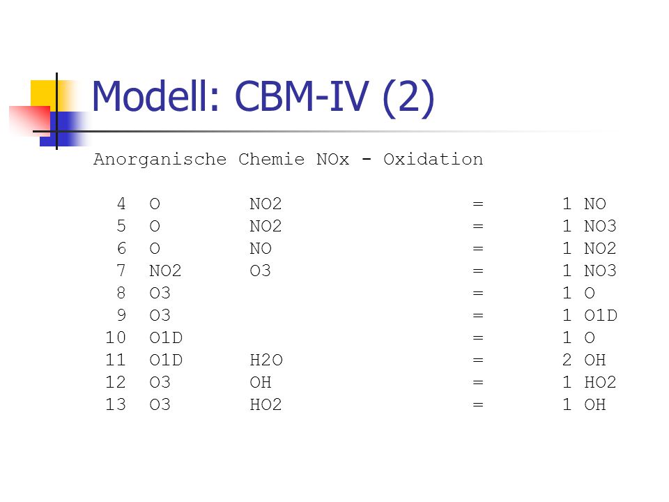 Modell: CBM-IV (2) Anorganische Chemie NOx - Oxidation 4 O NO2 = 1 NO
