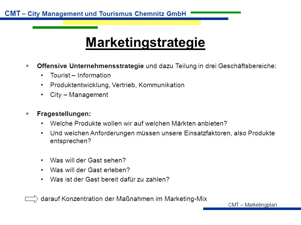 Marketingstrategie Offensive Unternehmensstrategie und dazu Teilung in drei Geschäftsbereiche: Tourist – Information.