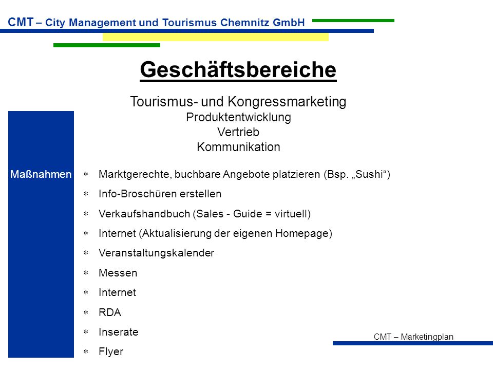 Geschäftsbereiche Tourismus- und Kongressmarketing Produktentwicklung Vertrieb Kommunikation.
