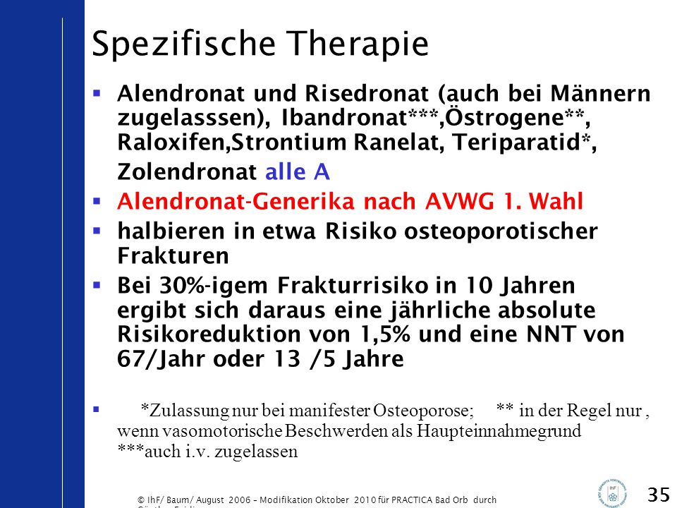 Spezifische Therapie Alendronat und Risedronat (auch bei Männern zugelasssen), Ibandronat***,Östrogene**, Raloxifen,Strontium Ranelat, Teriparatid*,