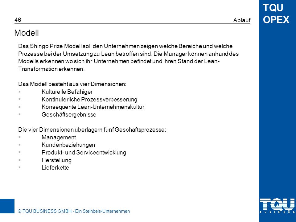 46 Ablauf. Modell. Das Shingo Prize Modell soll den Unternehmen zeigen welche Bereiche und welche.