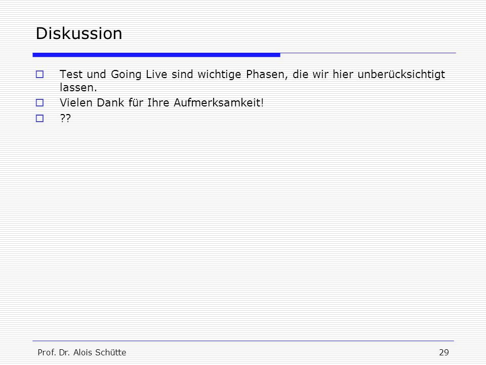 Diskussion Test und Going Live sind wichtige Phasen, die wir hier unberücksichtigt lassen. Vielen Dank für Ihre Aufmerksamkeit!