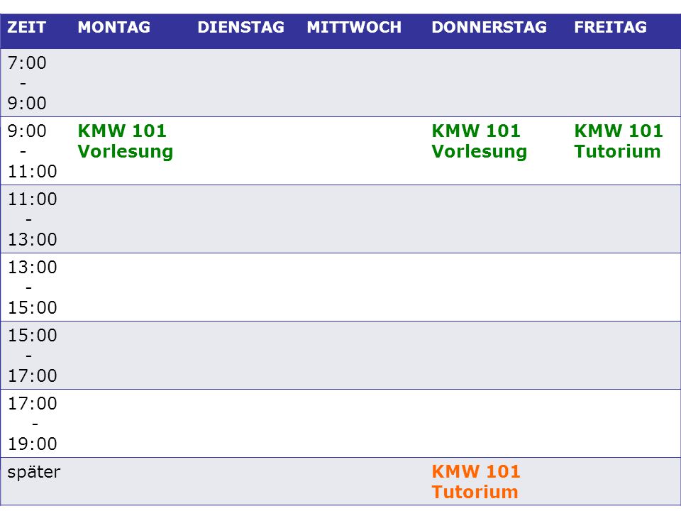 7:00 - 9:00 11:00 KMW 101 Vorlesung Tutorium 13:00 15:00 17:00 19:00
