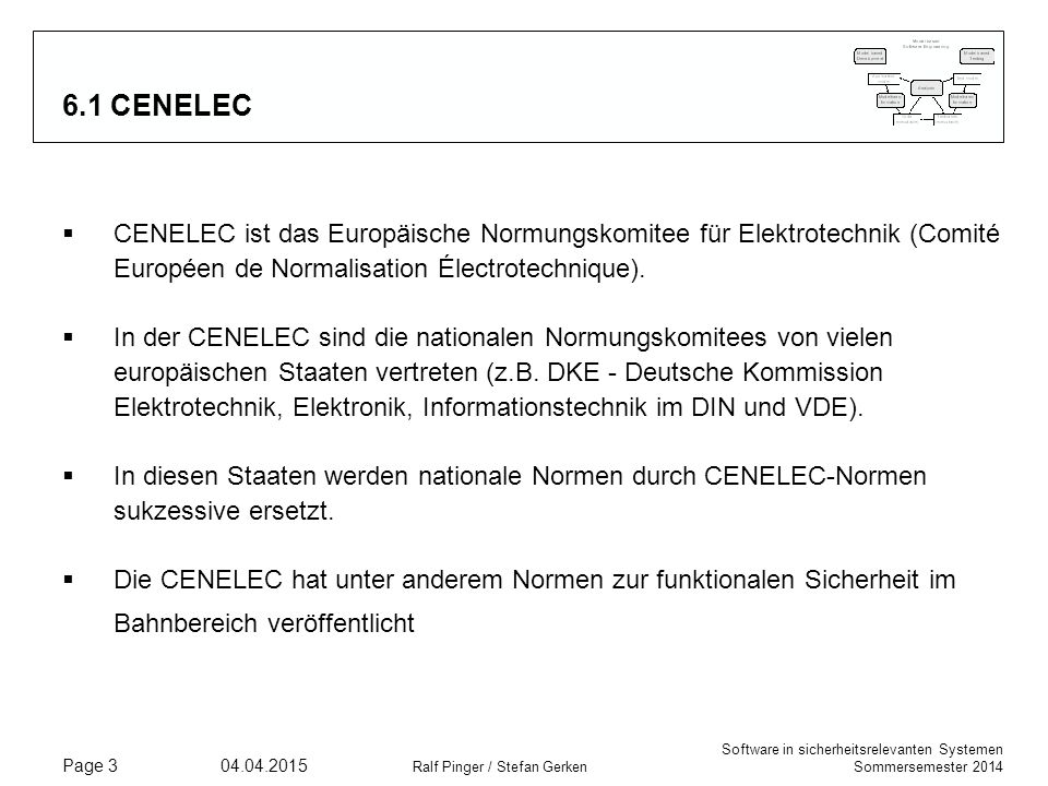 6.1 CENELEC CENELEC ist das Europäische Normungskomitee für Elektrotechnik (Comité Européen de Normalisation Électrotechnique).