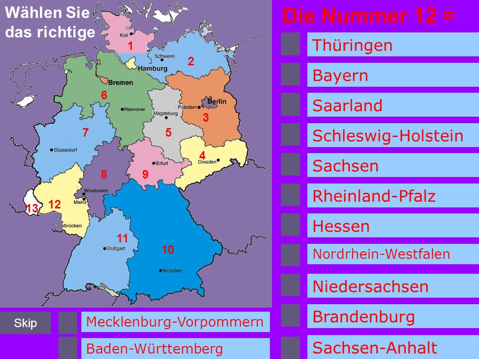 Die Nummer 12 = Wählen Sie das richtige Thüringen Bayern Saarland