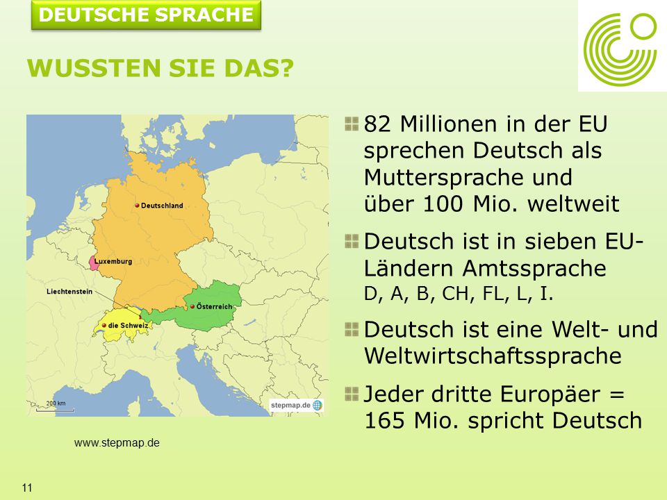 DEUTSCHE SPRACHE Wussten Sie das 82 Millionen in der EU sprechen Deutsch als Muttersprache und über 100 Mio. weltweit.
