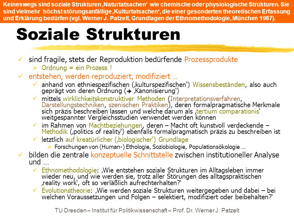 Keineswegs sind soziale Strukturen ‚Naturtatsachen‘ wie chemische oder physiologische Strukturen. Sie sind vielmehr höchst störungsanfällige ‚Kulturtatsachen‘, die einer gesonderten theoretischen Erfassung und Erklärung bedürfen (vgl. Werner J. Patzelt, Grundlagen der Ethnomethodologie, München 1987).