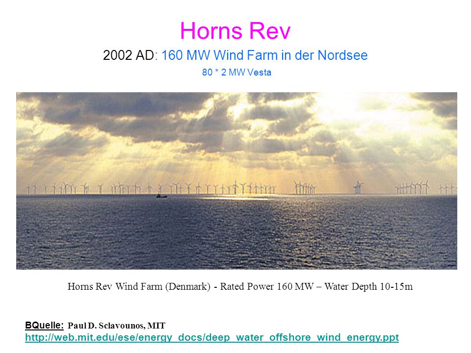 Horns Rev 2002 AD: 160 MW Wind Farm in der Nordsee 80 * 2 MW Vesta