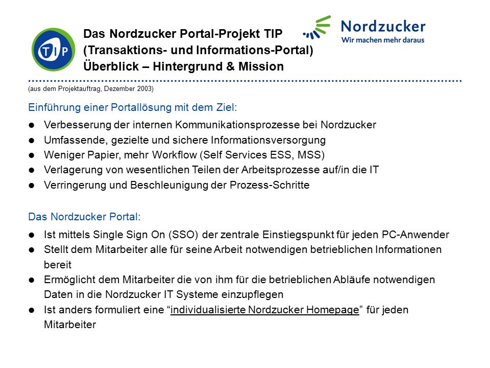 Das Nordzucker Portal-Projekt TIP (Transaktions- und Informations-Portal) Überblick – Hintergrund & Mission