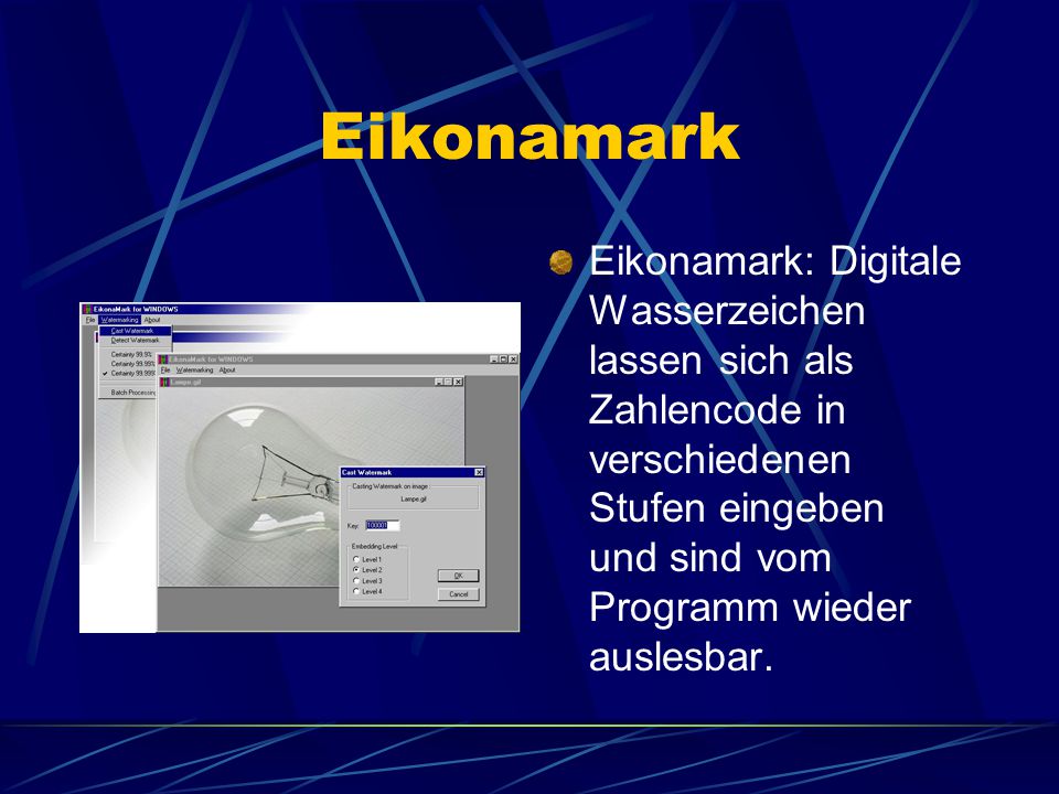 Eikonamark Eikonamark: Digitale Wasserzeichen lassen sich als Zahlencode in verschiedenen Stufen eingeben und sind vom Programm wieder auslesbar.