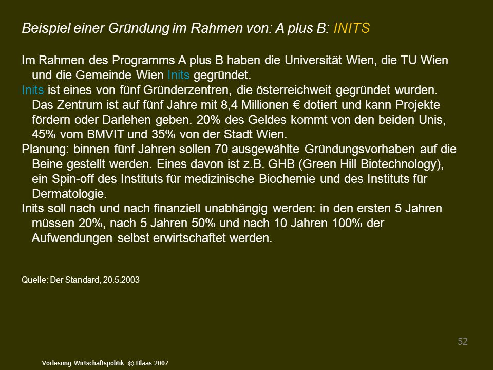 Beispiel einer Gründung im Rahmen von: A plus B: INITS