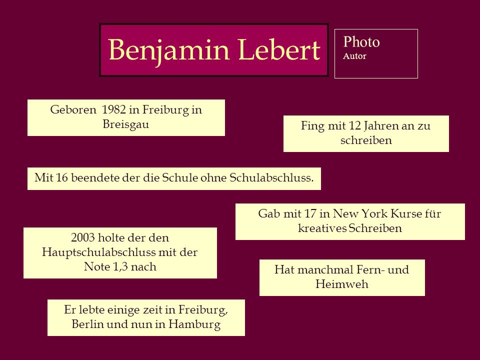 Benjamin Lebert Photo Autor Geboren 1982 in Freiburg in Breisgau