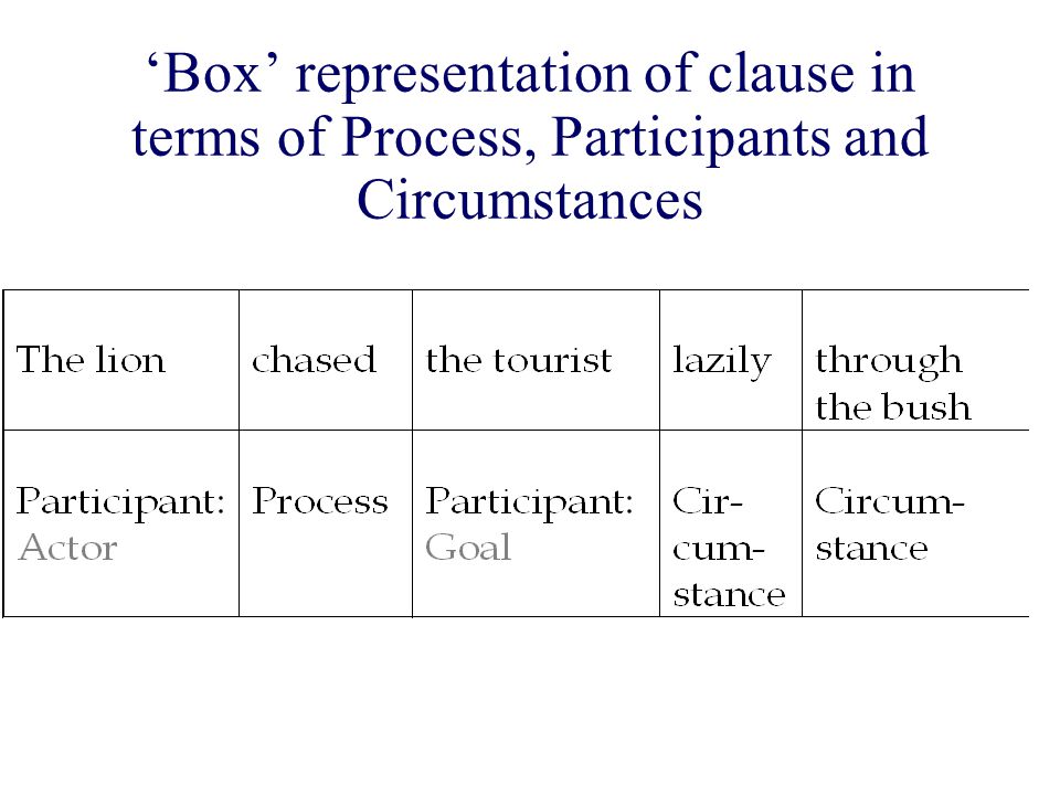 ‘Box’ representation of clause in terms of Process, Participants and Circumstances