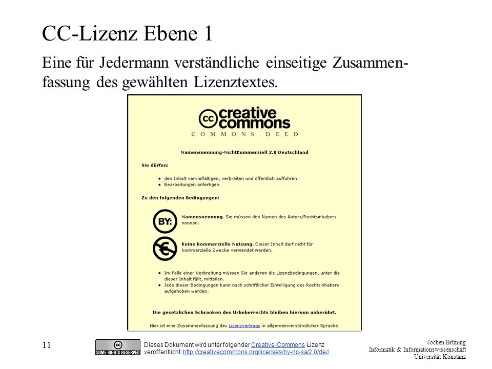 CC-Lizenz Ebene 1 Eine für Jedermann verständliche einseitige Zusammen-fassung des gewählten Lizenztextes.
