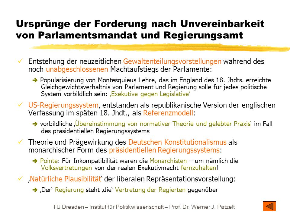 Ursprünge der Forderung nach Unvereinbarkeit von Parlamentsmandat und Regierungsamt