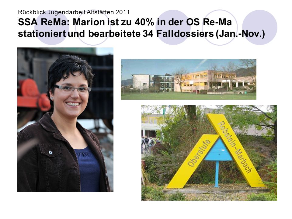 Rückblick Jugendarbeit Altstätten 2011 SSA ReMa: Marion ist zu 40% in der OS Re-Ma stationiert und bearbeitete 34 Falldossiers (Jan.-Nov.)