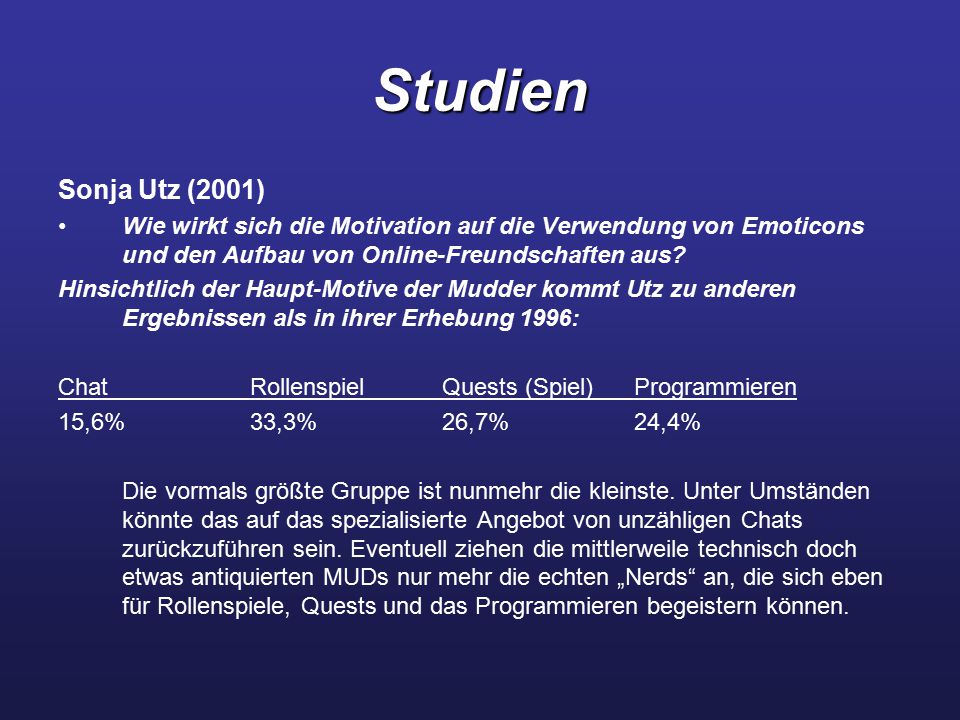Studien Sonja Utz (2001) Wie wirkt sich die Motivation auf die Verwendung von Emoticons und den Aufbau von Online-Freundschaften aus
