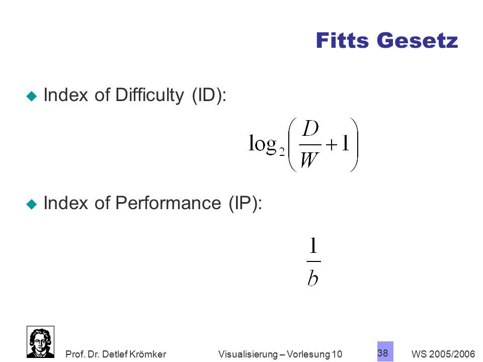 Fitts Gesetz Index of Difficulty (ID): Index of Performance (IP):