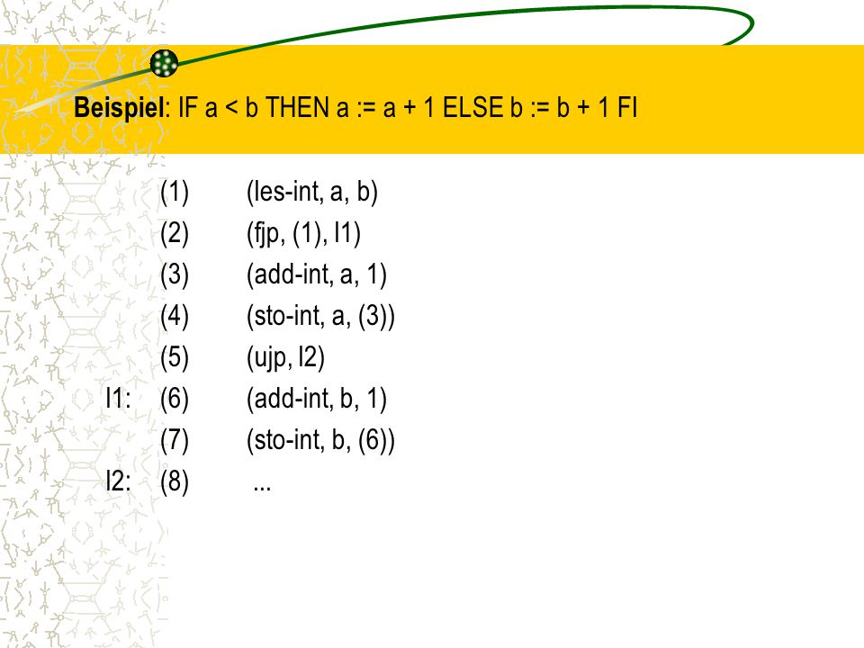 Beispiel: IF a < b THEN a := a + 1 ELSE b := b + 1 FI (1) (les-int, a, b) (2) (fjp, (1), l1) (3) (add-int, a, 1) (4) (sto-int, a, (3)) (5) (ujp, l2) l1: (6) (add-int, b, 1) (7) (sto-int, b, (6)) l2: (8) ...