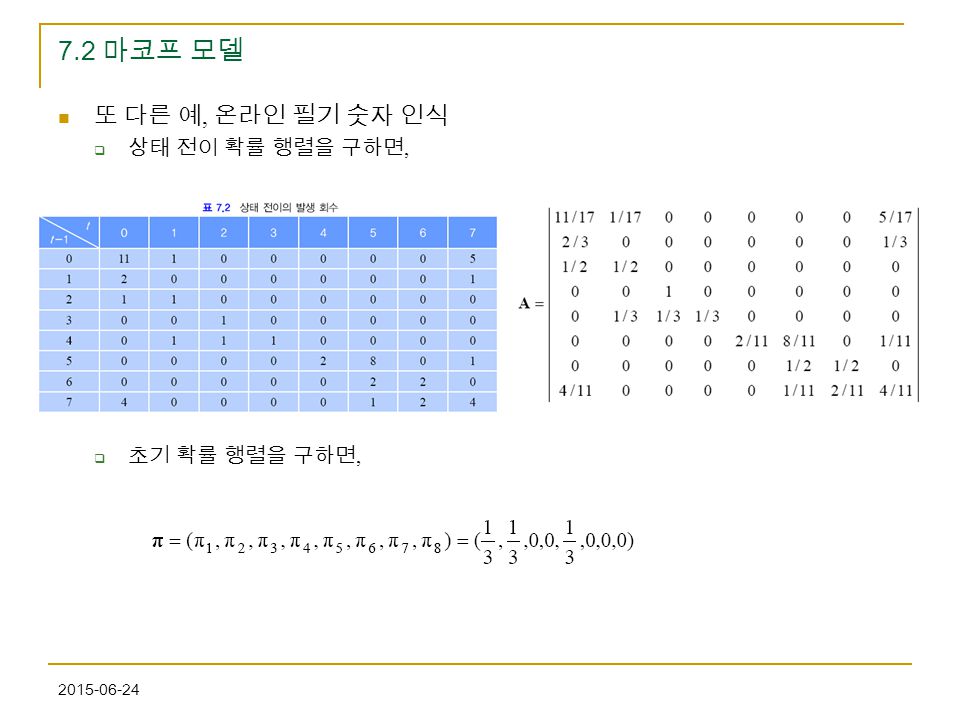 7.2 마코프 모델 또 다른 예, 온라인 필기 숫자 인식 상태 전이 확률 행렬을 구하면, 초기 확률 행렬을 구하면,