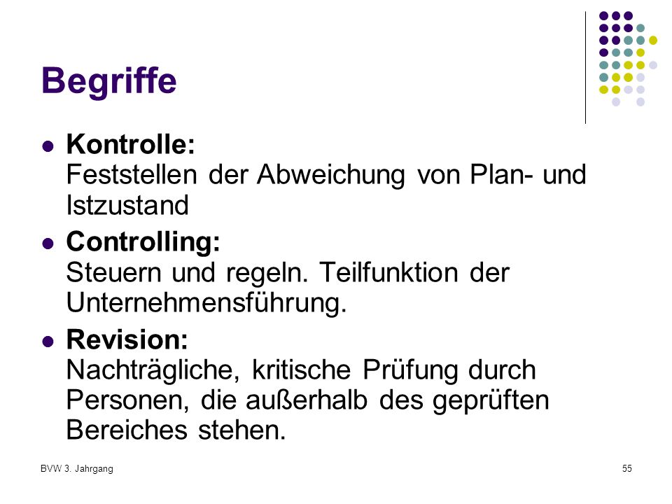 Begriffe Kontrolle: Feststellen der Abweichung von Plan- und Istzustand. Controlling: Steuern und regeln. Teilfunktion der Unternehmensführung.