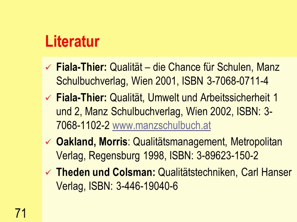 Literatur Fiala-Thier: Qualität – die Chance für Schulen, Manz Schulbuchverlag, Wien 2001, ISBN