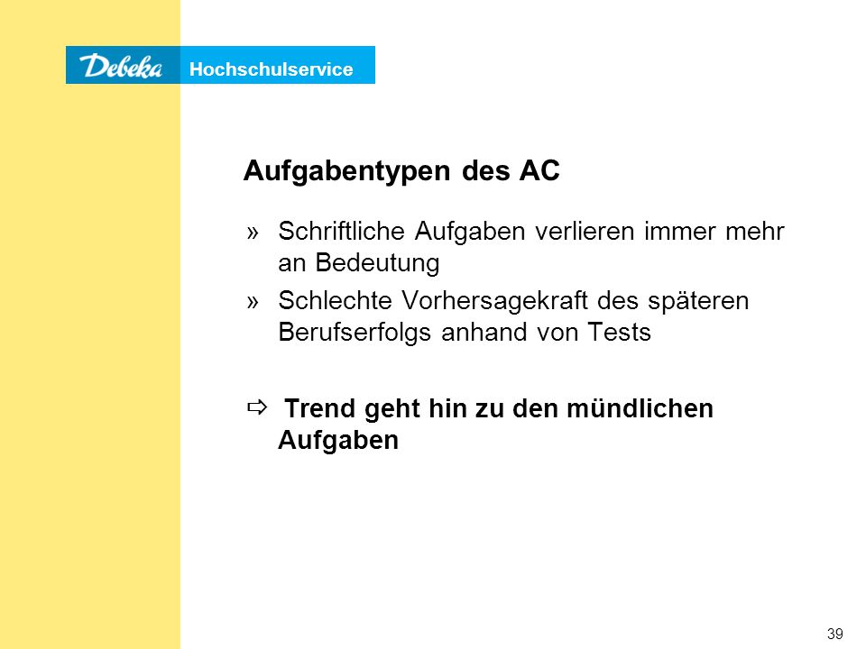 Aufgabentypen des AC Schriftliche Aufgaben verlieren immer mehr an Bedeutung. Schlechte Vorhersagekraft des späteren Berufserfolgs anhand von Tests.