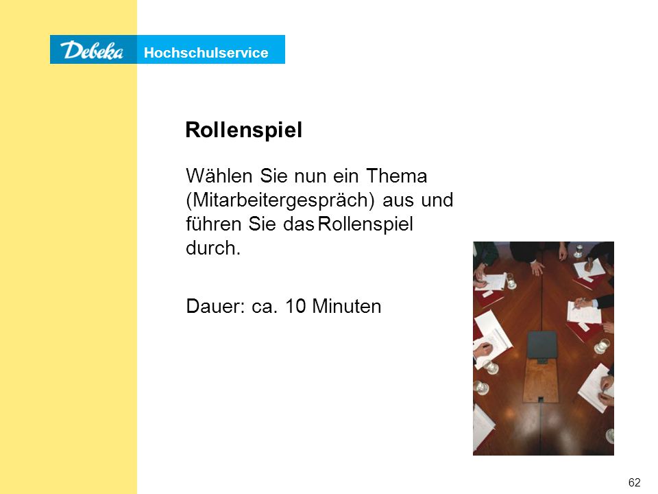 Rollenspiel Wählen Sie nun ein Thema (Mitarbeitergespräch) aus und führen Sie das Rollenspiel durch.