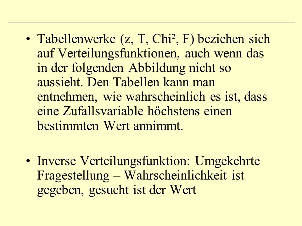 Tabellenwerke (z, T, Chi², F) beziehen sich auf Verteilungsfunktionen, auch wenn das in der folgenden Abbildung nicht so aussieht. Den Tabellen kann man entnehmen, wie wahrscheinlich es ist, dass eine Zufallsvariable höchstens einen bestimmten Wert annimmt.