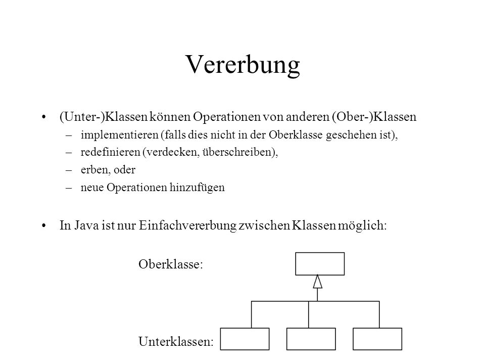 Vererbung (Unter-)Klassen können Operationen von anderen (Ober-)Klassen. implementieren (falls dies nicht in der Oberklasse geschehen ist),