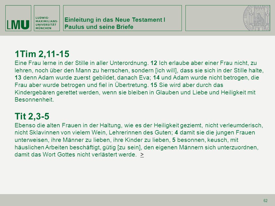 1Tim 2,11-15 Tit 2,3-5 Einleitung in das Neue Testament I