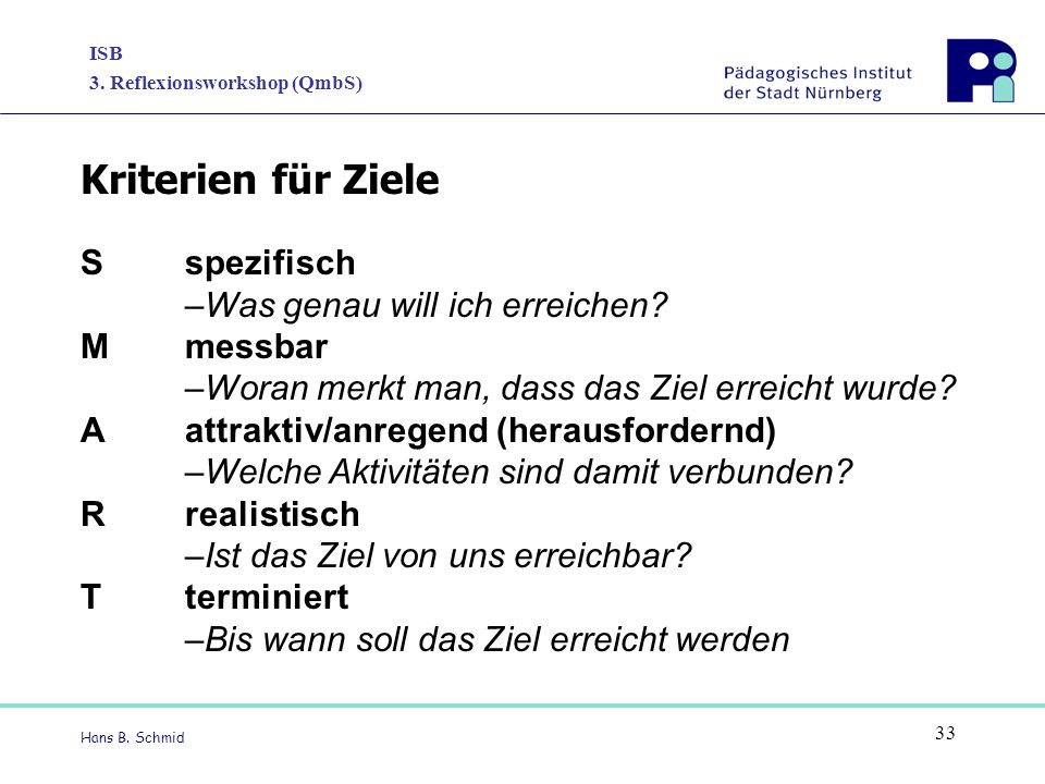 Kriterien für Ziele S spezifisch –Was genau will ich erreichen