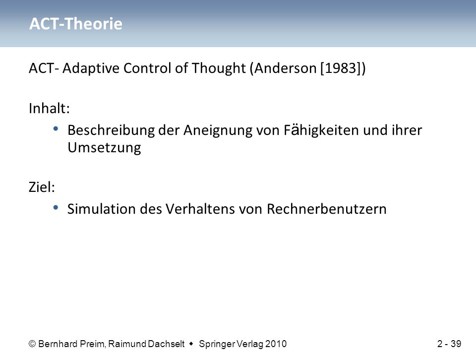 ACT-Theorie ACT- Adaptive Control of Thought (Anderson [1983]) Inhalt: