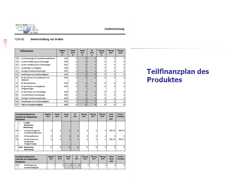 Teilfinanzplan des Produktes
