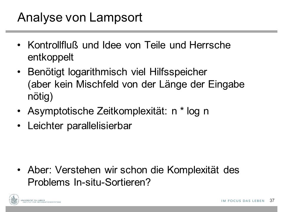 Analyse von Lampsort Kontrollfluß und Idee von Teile und Herrsche entkoppelt.