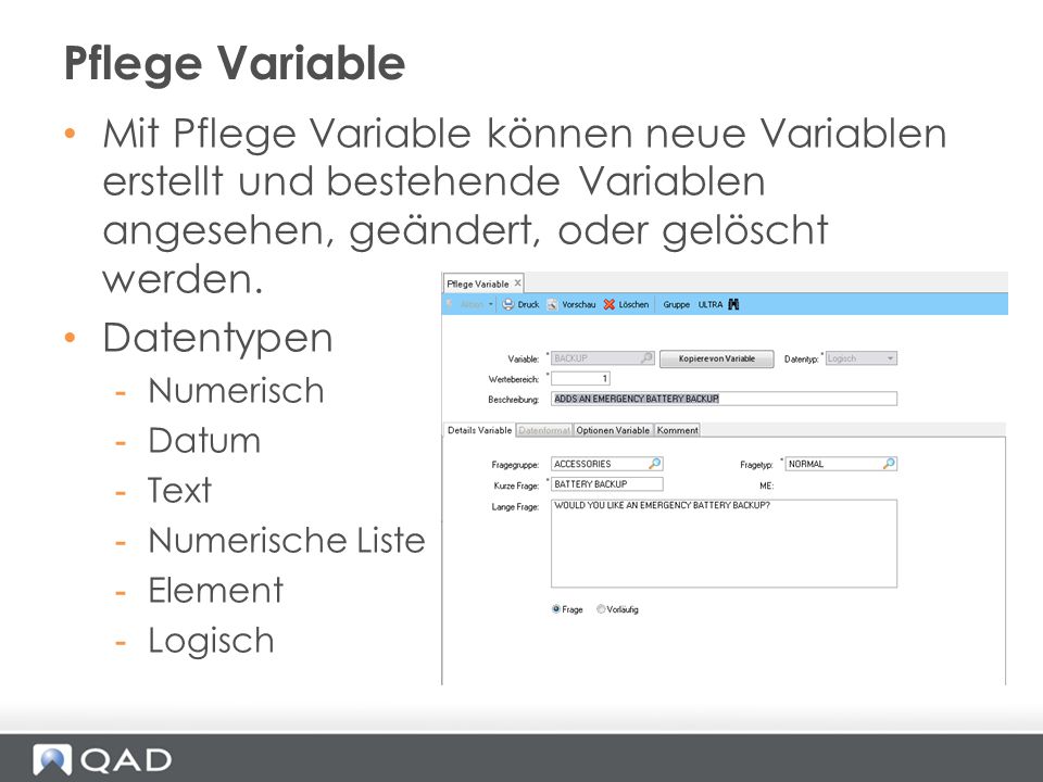 Pflege Variable Mit Pflege Variable können neue Variablen erstellt und bestehende Variablen angesehen, geändert, oder gelöscht werden.